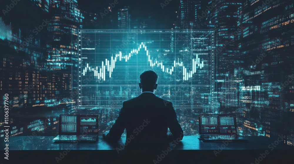 Night Trader: A Silhouette of a Financial Analyst Studying Market Trends on a Large Screen Displayed Against a Futuristic Cityscape Backdrop Night Trader: A Silhouette of a Financial Analyst Studying Market Trends on a Large Screen Displayed Against a Futuristic Cityscape Backdrop