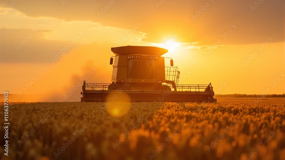 Golden sunset over a vast wheat field with a combine harvester in motion on a tranquil evening Golden sunset over a vast wheat field with a combine harvester in motion on a tranquil evening