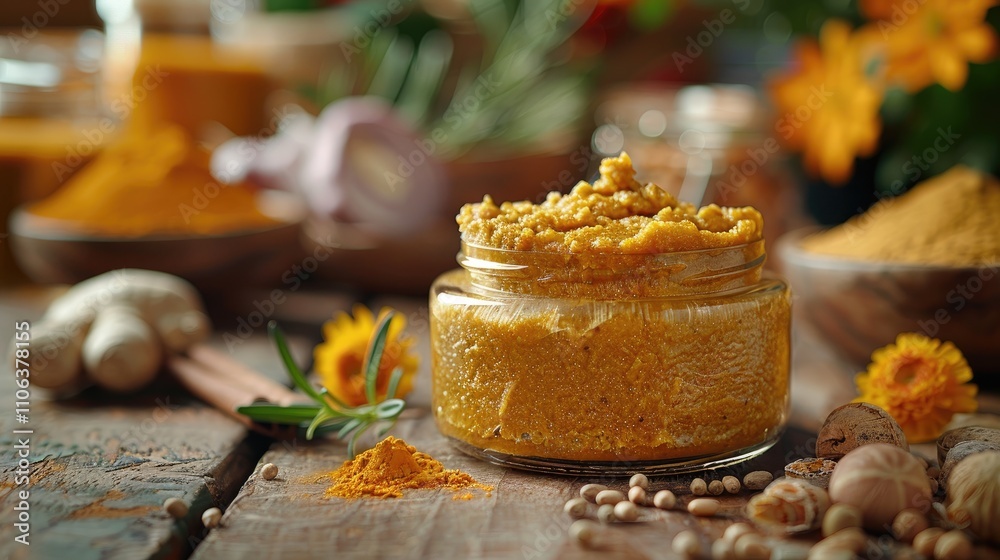 Naklejka premium Rustic indian spice blend in jar with turmeric, ginger, and herbs on wooden table