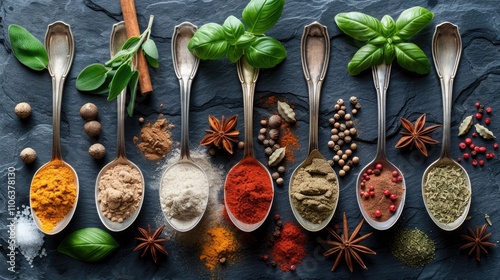 Fototapeta Naklejka Na Ścianę i Meble -  Variety of colorful spices and herbs on spoons on dark slate background