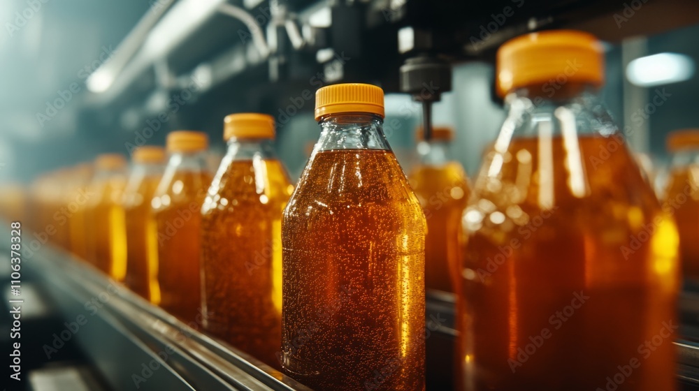 Bottles filled with freshly made juice move along a production line in a bright facility. Bottles filled with freshly made juice move along a production line in a bright facility.