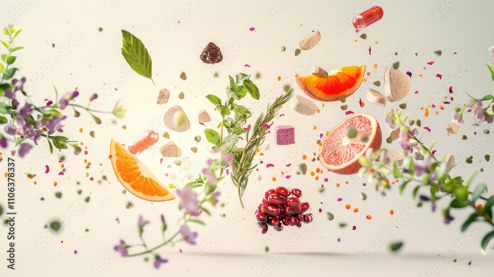 Colorful floating fruits and herbs with capsules and seeds Colorful floating fruits and herbs with capsules and seeds