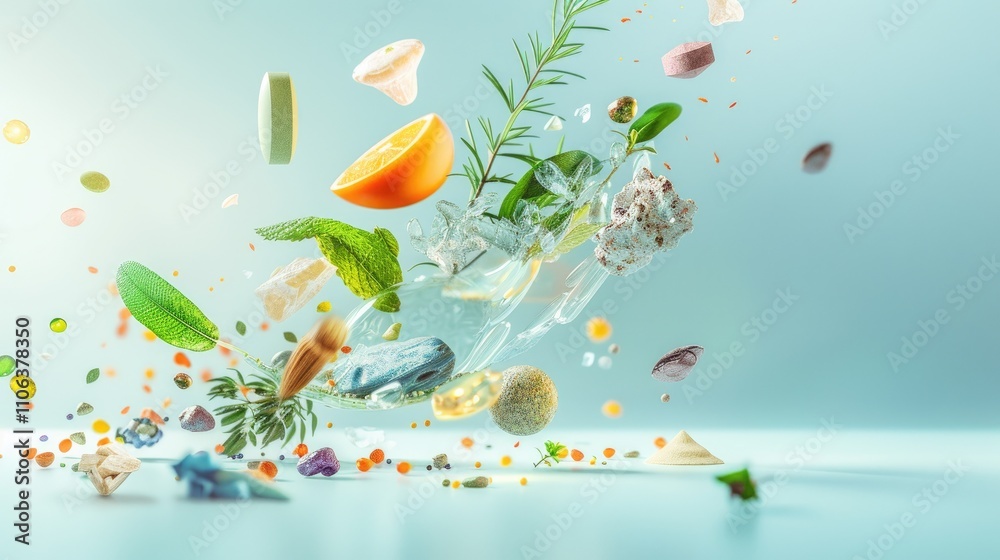 Vibrant food explosion with herbs, spices, citrus, and vegetables against light background Vibrant food explosion with herbs, spices, citrus, and vegetables against light background