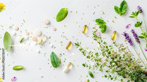 Herbal supplements and pills with fresh leaves and flowers on a white background