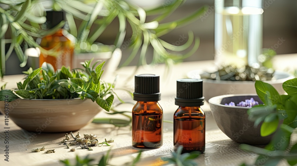 Aromatherapy essentials with fresh herbs and oils on a wooden table Aromatherapy essentials with fresh herbs and oils on a wooden table