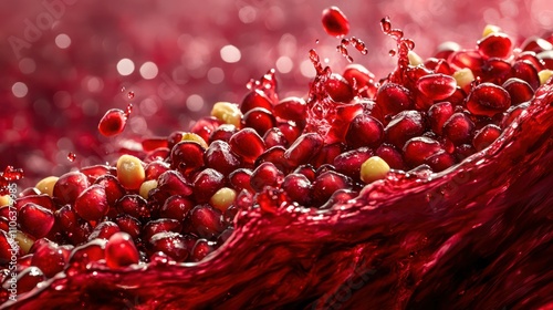 Pomegranate Burst Bright pomegranate seeds splashing in a ruby-red wave, exuding a rich, festive energy.