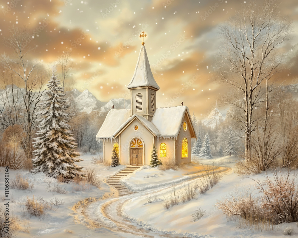 A painting of a small church in the middle of a snowy landscape A painting of a small church in the middle of a snowy landscape