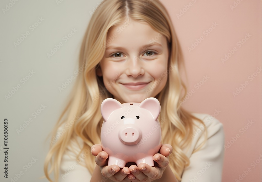 Savings concept with young teen blonde girl holding piggy bank Savings concept with young teen blonde girl holding piggy bank