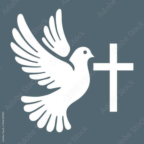 A vector image of a white dove symbolizing peace, positioned near a cross, set against a gray-blue background. This illustration carries religious and spiritual significance.