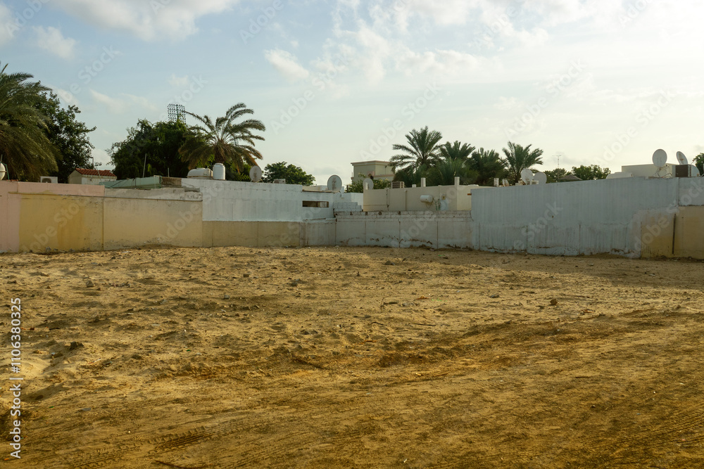 Naklejka premium Arab residential area behind high fences. Empty unclaimed space