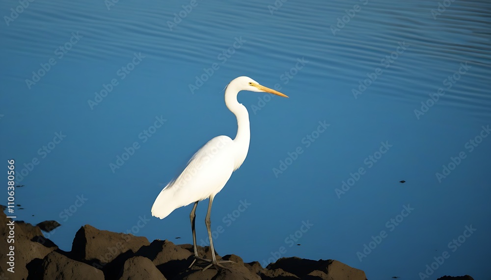 Obraz premium Serene Morning, Elegant Egret by the Waterside.