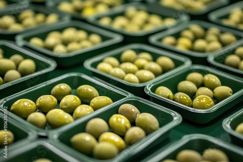 Ripe green olives, organized in luxury trays on a dark forest green background.
