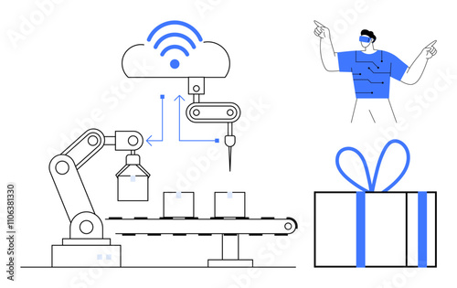 Robotics arm sorts boxes on assembly line, connected to cloud via wireless signal. Operator points to processes. Wrapped gift represents final product. Ideal for automation, industry, IoT, logistics