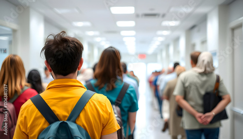 Rear view on queue of people patients ready for mass vaccination in hospital. vaccine for covid-19 coronavirus, flu, infectious diseases. Injection after clinical trials for administration of human  photo