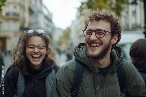 Friends enjoying a joyful moment while walking through a lively urban street on a chilly autumn day