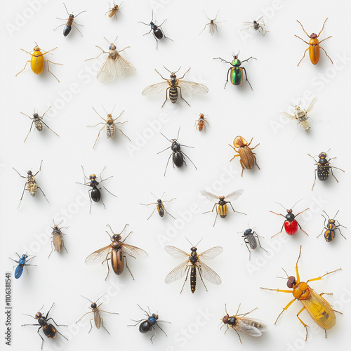 Diverse array of insects displayed on a white background for study