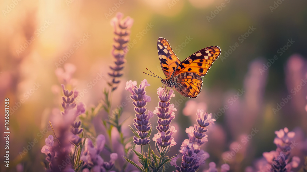 Vibrant butterfly resting on lavender flowers at sunset Vibrant butterfly resting on lavender flowers at sunset