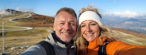 A middle-aged man with short blonde hair takes a selfie photo of himself and his wife