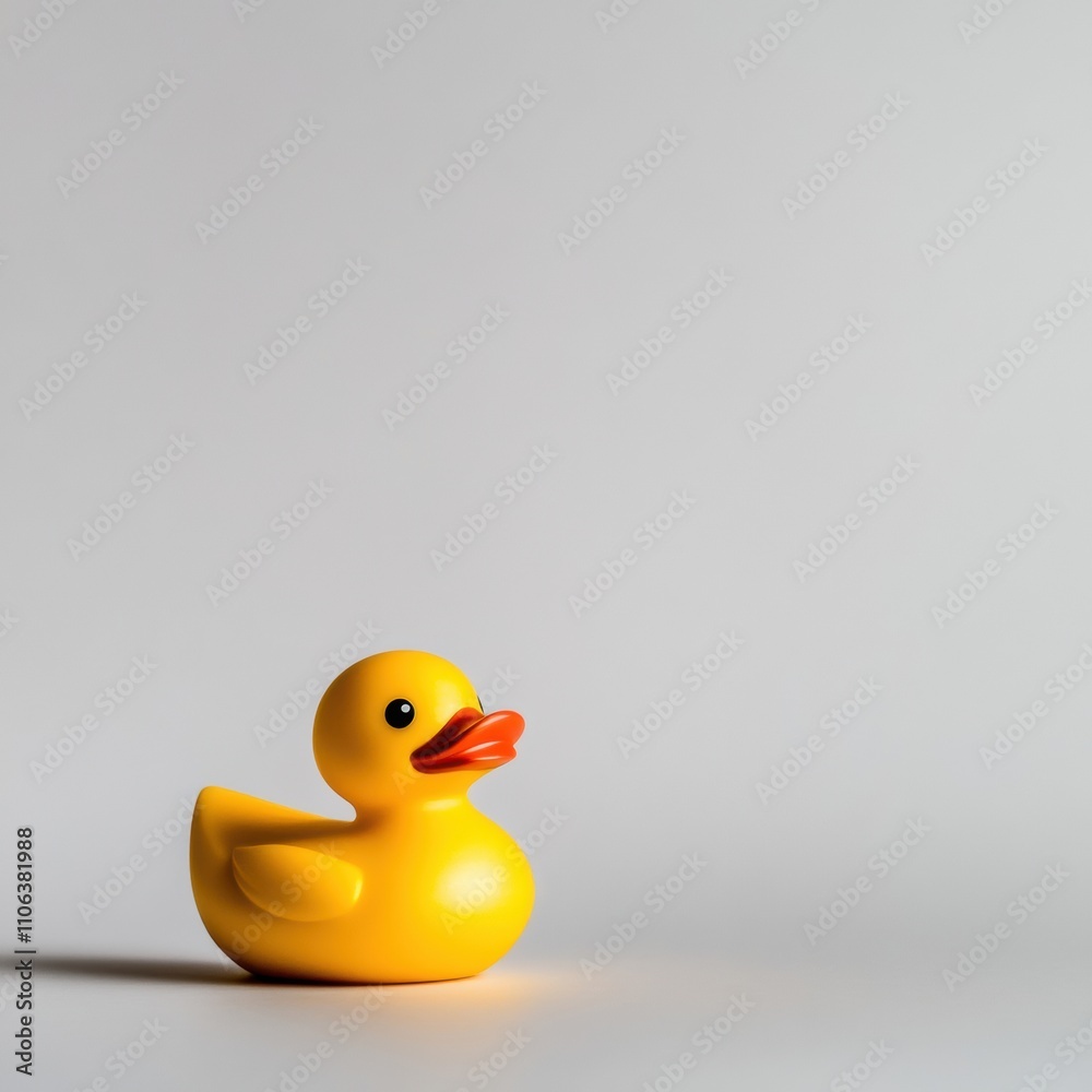 Cheerful yellow rubber duck against a minimalist gray background, AI