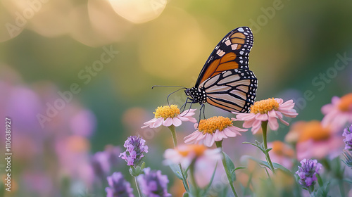 Monarch butterfly resting on colorful wildflowers in a vibrant garden