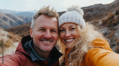 A middle-aged man with short blonde hair takes a selfie photo of himself and his wife