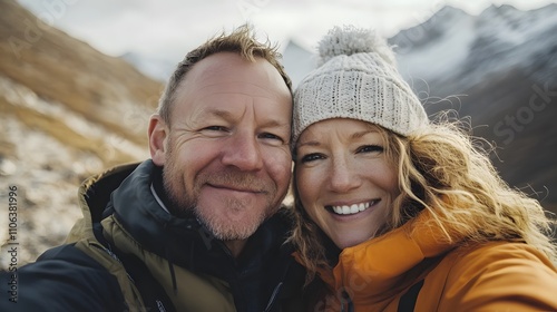 A middle-aged man with short blonde hair takes a selfie photo of himself and his wife