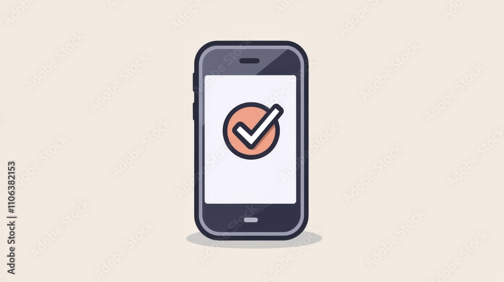 A smartphone icon with a checkmark on a beige background