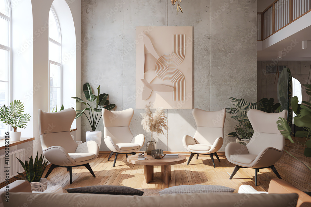 Fototapeta premium Modern lounge area with stylish chairs and greenery in a bright, inviting space