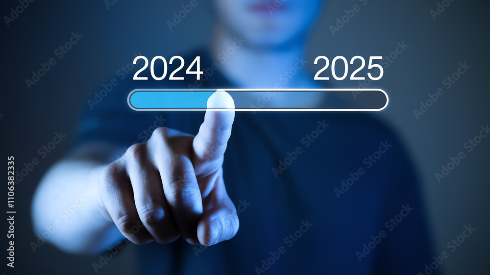 Transitioning from 2024 to 2025 with a fingertip touch on a digital timeline Transitioning from 2024 to 2025 with a fingertip touch on a digital timeline