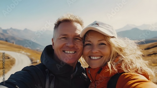 A middle-aged man with short blonde hair takes a selfie photo of himself and his wife