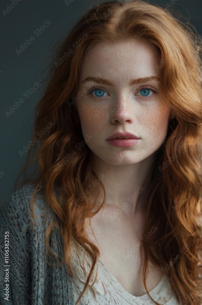 Naklejka premium young redhead woman with bright blue eyes and long wavy red hair
