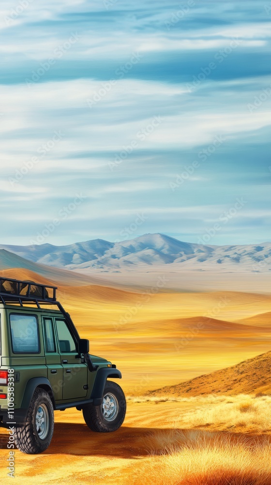 Fototapeta premium Off-road vehicle traversing a vast desert landscape under a blue sky, AI