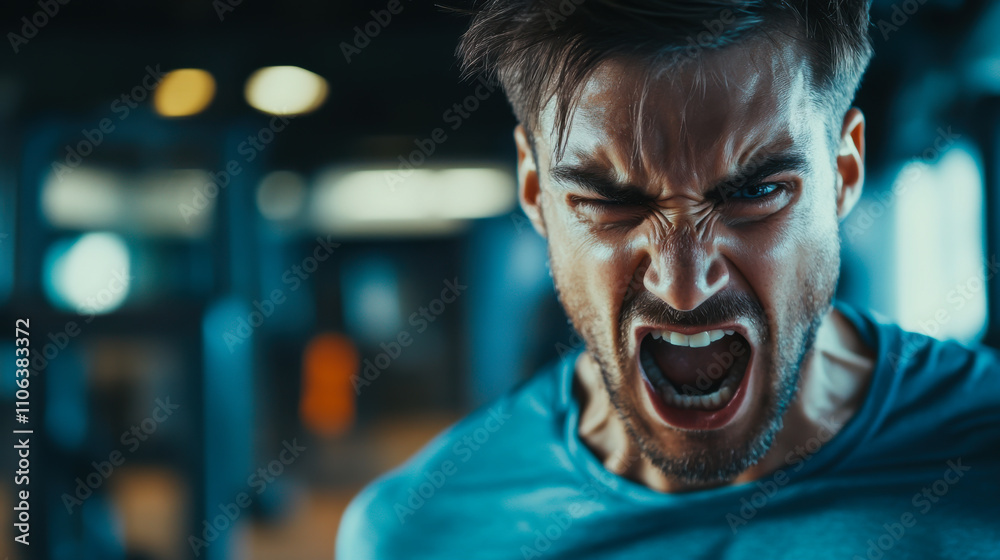 Intense athlete expressing determination during a workout in a gym with dramatic lighting and equipment Intense athlete expressing determination during a workout in a gym with dramatic lighting and equipment