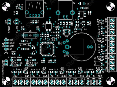 Placement of components of radio elements (contact
pads and seats) on printed circuit
board of electronic device.
Vector engineering 
drawing of pcb. Electric background. Computer technic cad design.