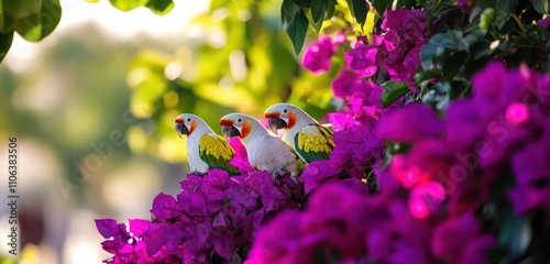 Rose-ringed parakeets nestled among bright purple bougainvillea, with lush greenery surrounding. photo