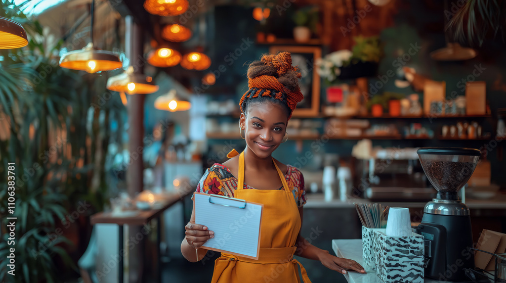 African-American Waitress taking an order with a notepad, clean background African-American Waitress taking an order with a notepad, clean background