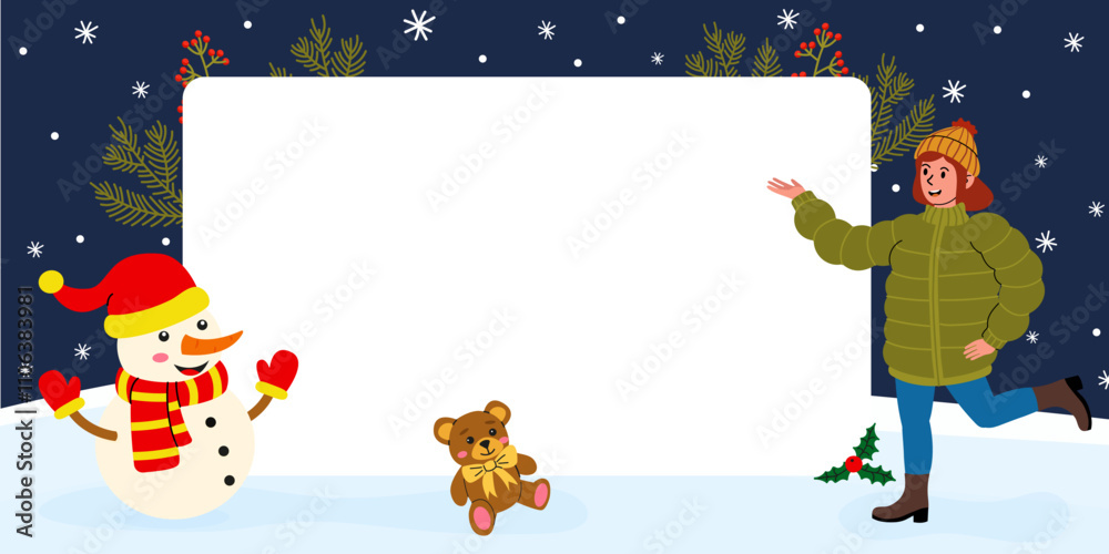 Naklejka premium Winter scene with a snowman, girl, and teddy bear in a snowy landscape