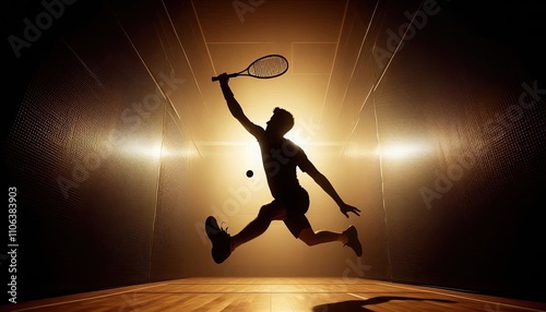 A racquetball player diving for a shot, silhouette, action photography, aesthetics, photo