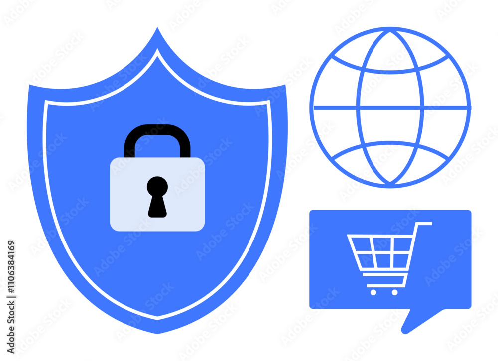 Shield with lock, globe, shopping cart in speech bubble representing online security, e-commerce, and global internet. Ideal for cybersecurity, data protection, online shopping, e-commerce Shield with lock, globe, shopping cart in speech bubble representing online security, e-commerce, and global internet. Ideal for cybersecurity, data protection, online shopping, e-commerce