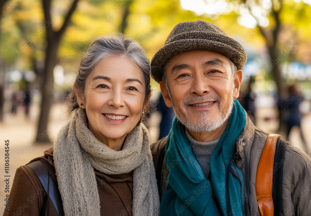 Elderly asian couple smiling in autumn park with warm clothing Elderly asian couple smiling in autumn park with warm clothing