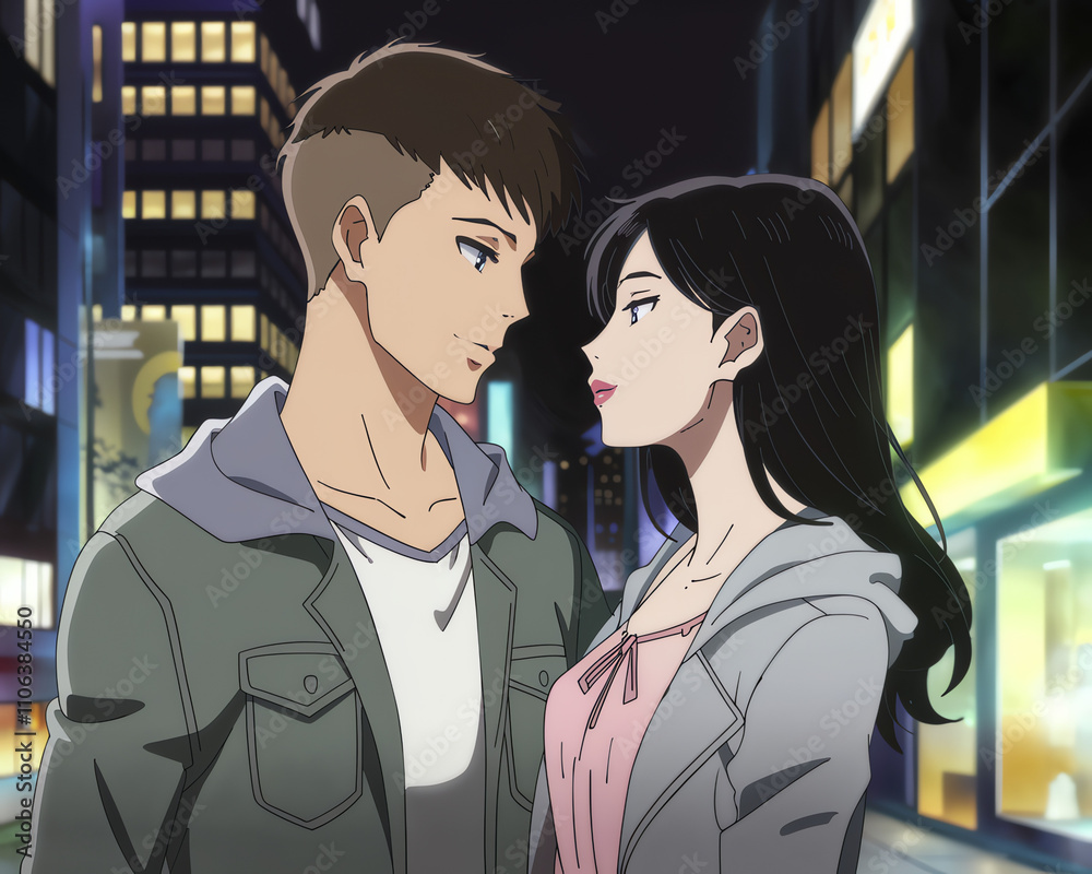 Young couple shares a moment on a vibrant city street at night with colorful lights and a romantic atmosphere Young couple shares a moment on a vibrant city street at night with colorful lights and a romantic atmosphere
