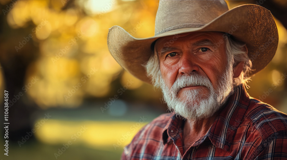 Fototapeta premium Elderly caucasian male cowboy in outdoor setting with sunset lighting