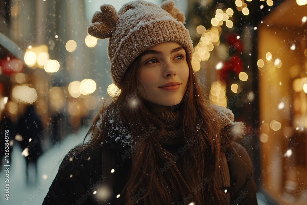 A stylish woman in a beige reindeer beanie, walking down a snowy street with Christmas shops and glowing lights, cinematic medium close-up 2 A stylish woman in a beige reindeer beanie, walking down a snowy street with Christmas shops and glowing lights, cinematic medium close-up 2