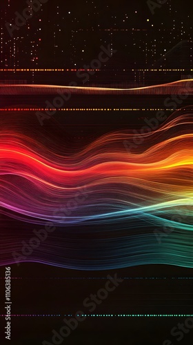 Colorful spectrum audio wave with rainbow-colored equalizer lines on a black background, vector illustration