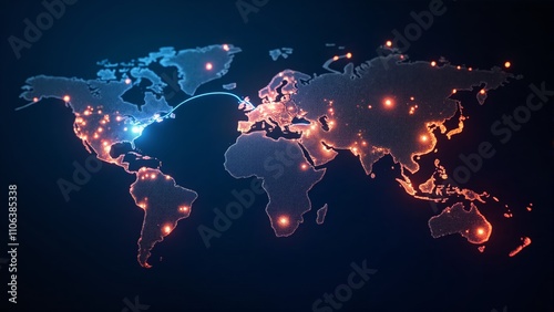 A glowing digital map of the world illustrating interconnected networks of data and communication