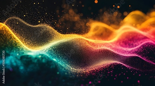 Colorful spectrum audio wave with rainbow-colored equalizer lines on a black background, vector illustration