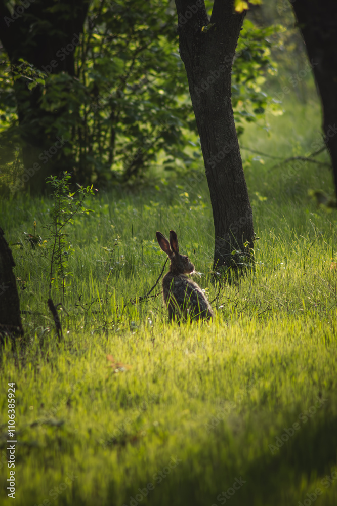 a rabbit sitting quietly in lush green grass, illuminated by soft sunlight filtering through trees, creating a tranquil woodland atmosphere a rabbit sitting quietly in lush green grass, illuminated by soft sunlight filtering through trees, creating a tranquil woodland atmosphere
