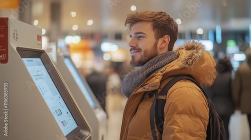 Customer interacting with an AIpowered selfcheckout kiosk, retail environment, bright tones photo