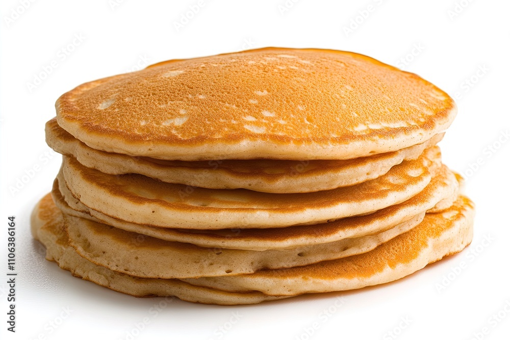 Stack of golden brown pancakes served on a white background for a breakfast treat Stack of golden brown pancakes served on a white background for a breakfast treat