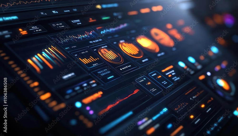 Fototapeta premium Edge data analytics dashboard for retail optimization, sleek professional setting, glowing UI